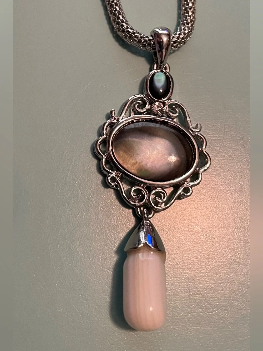 Silver-Tone Abalone Pendant Necklace with Pearl Drop